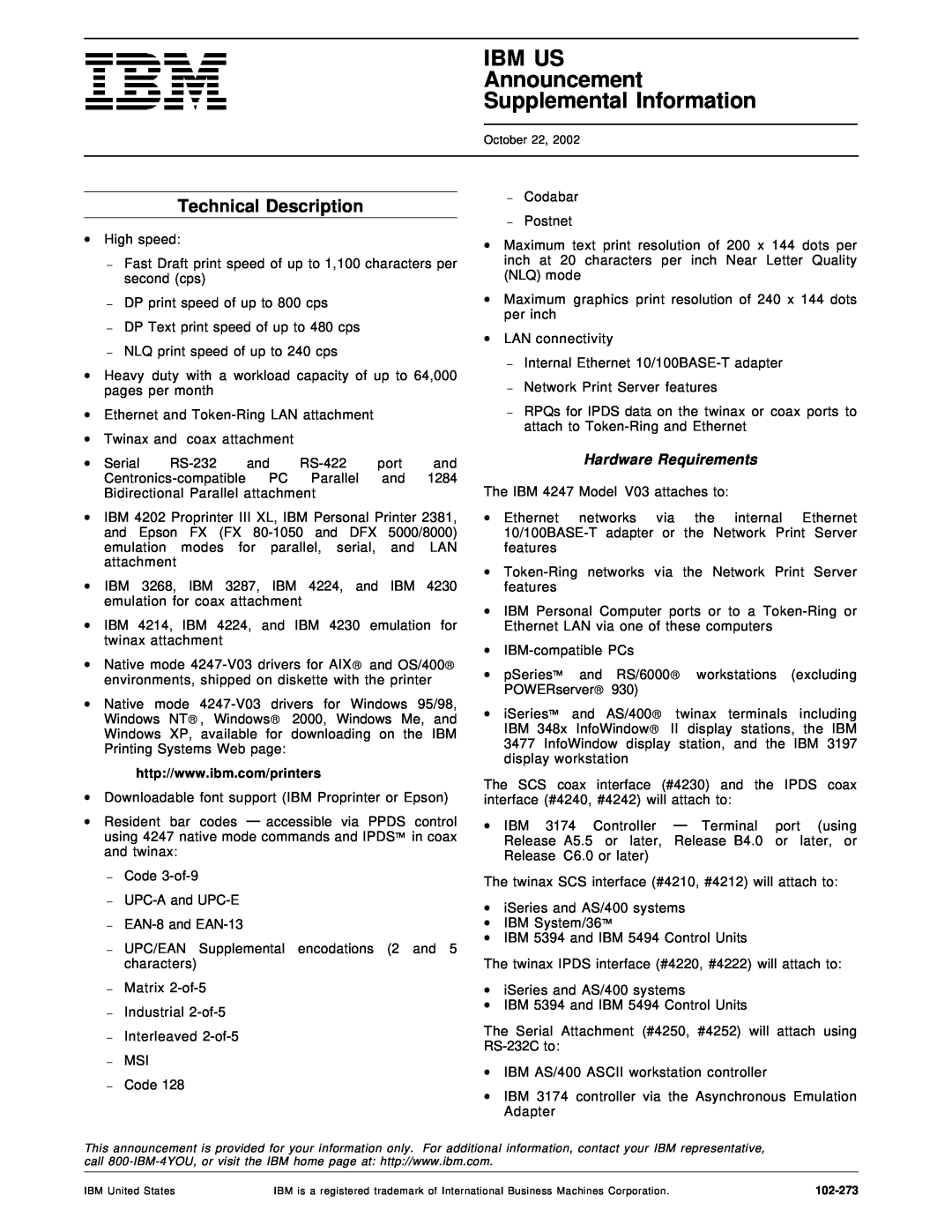IBM V03 manual Technical Description, IBM US Announcement Supplemental Information 