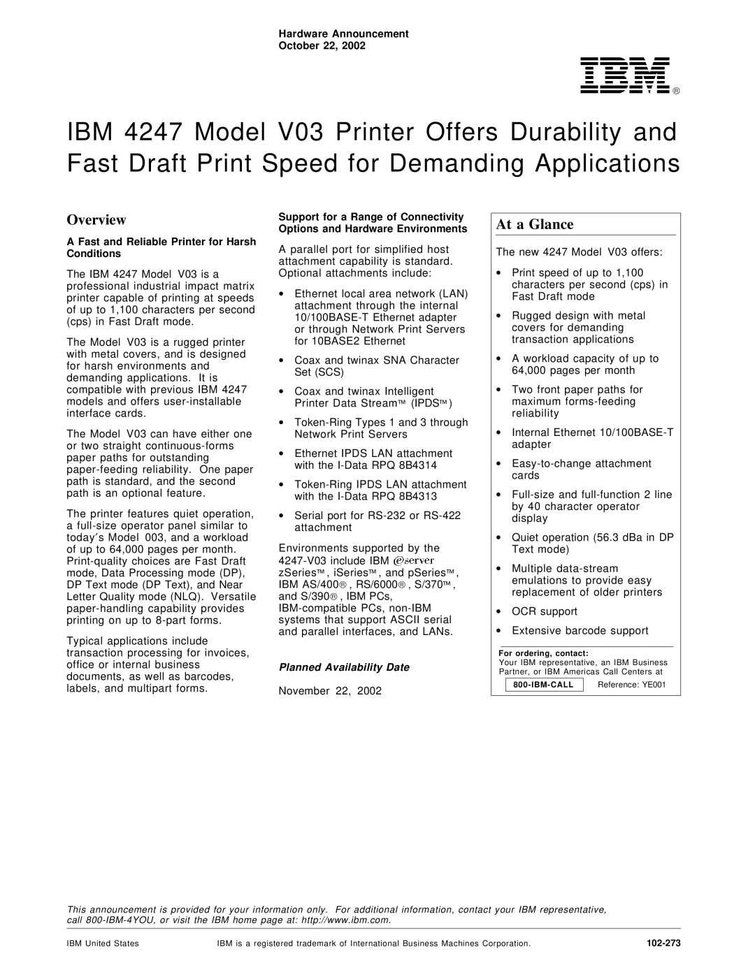 IBM V03 manual Overview, November 22 