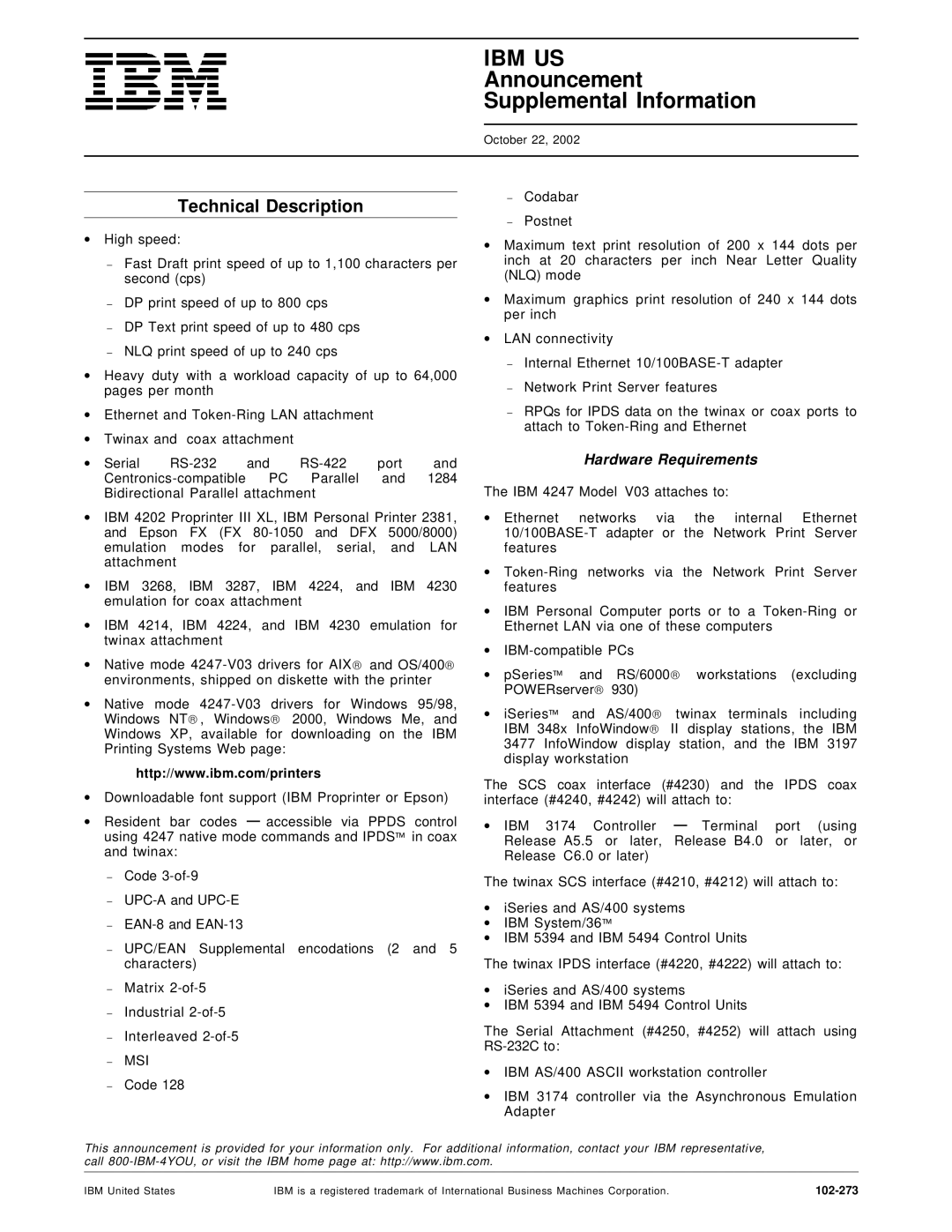 IBM V03 manual Technical Description, Hardware Requirements, Msi 