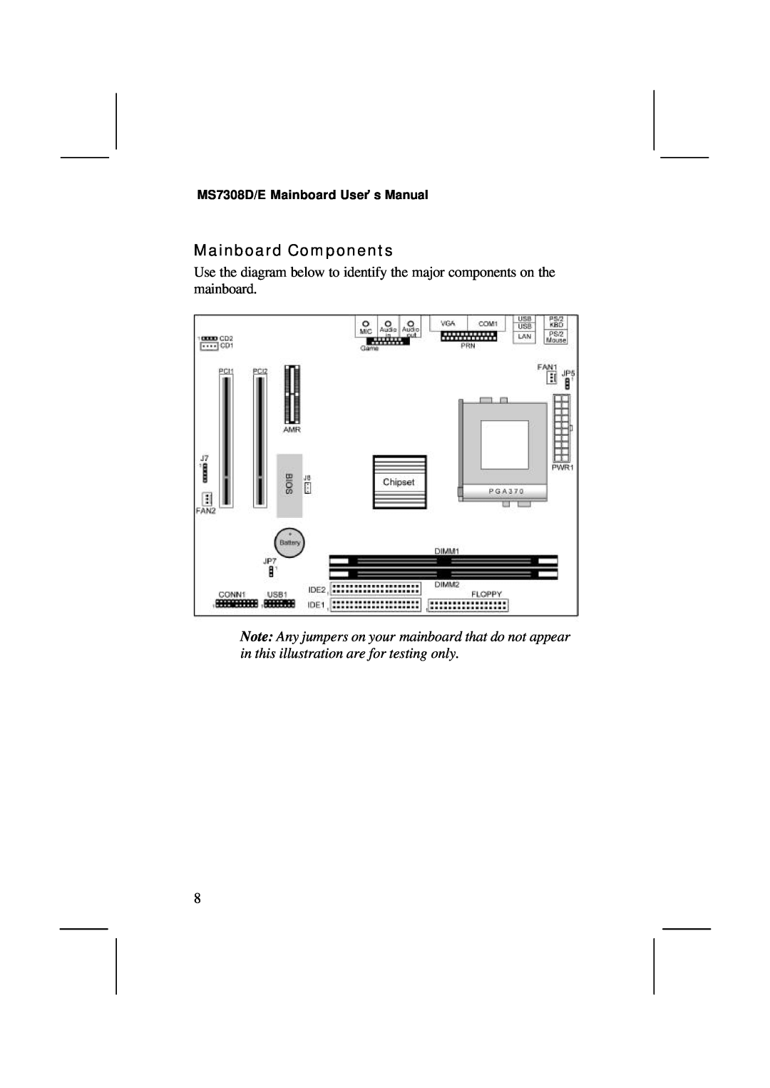 IBM V1.6 S63X/JUNE 2000, MS7308D/E user manual Mainboard Components 