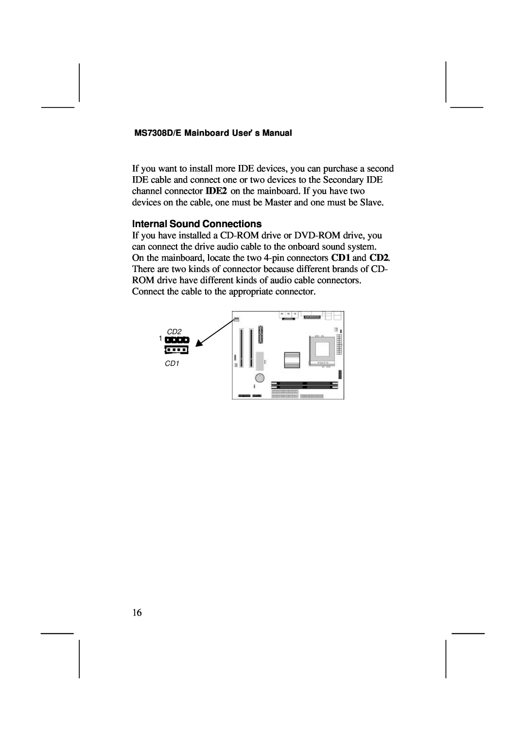 IBM V1.6 S63X/JUNE 2000, MS7308D/E user manual Internal Sound Connections 
