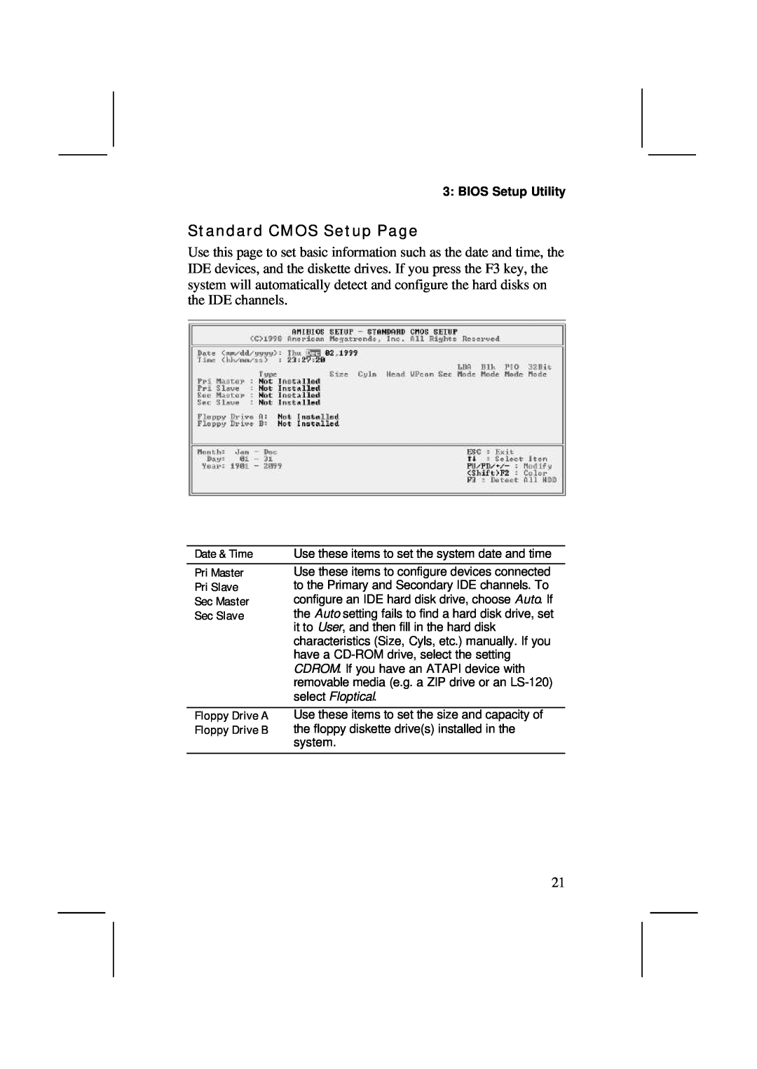 IBM MS7308D/E, V1.6 S63X/JUNE 2000 user manual Standard CMOS Setup Page, select Floptical 