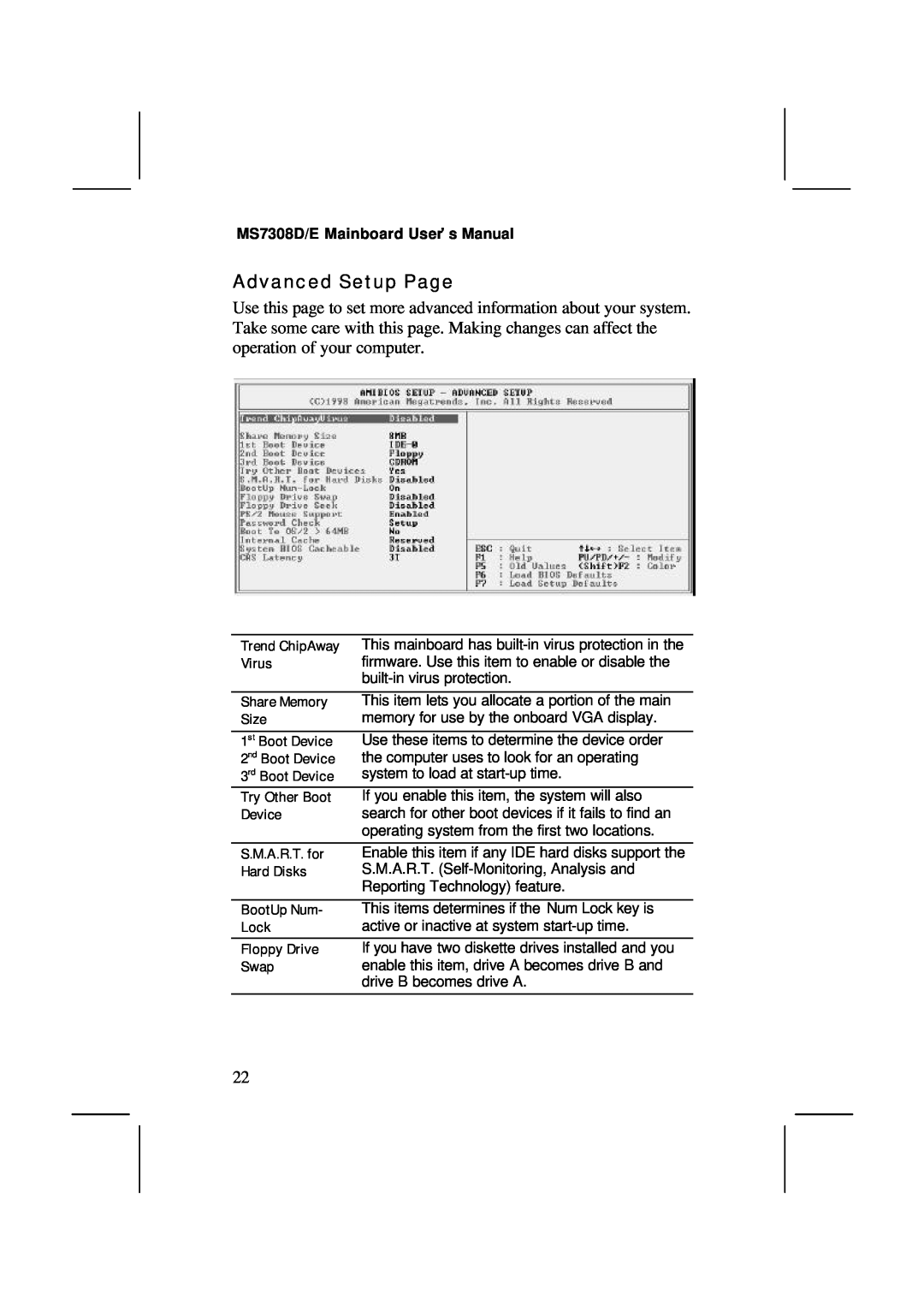 IBM V1.6 S63X/JUNE 2000, MS7308D/E user manual Advanced Setup Page 