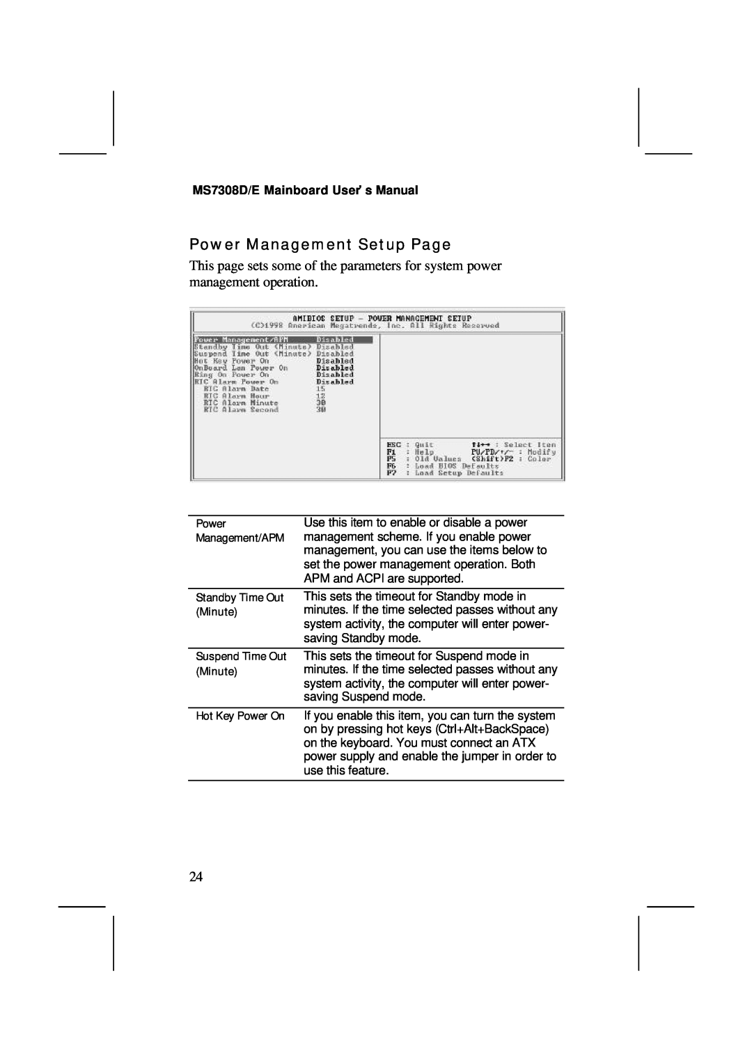 IBM V1.6 S63X/JUNE 2000, MS7308D/E user manual Power Management Setup Page, Power Management/APM 