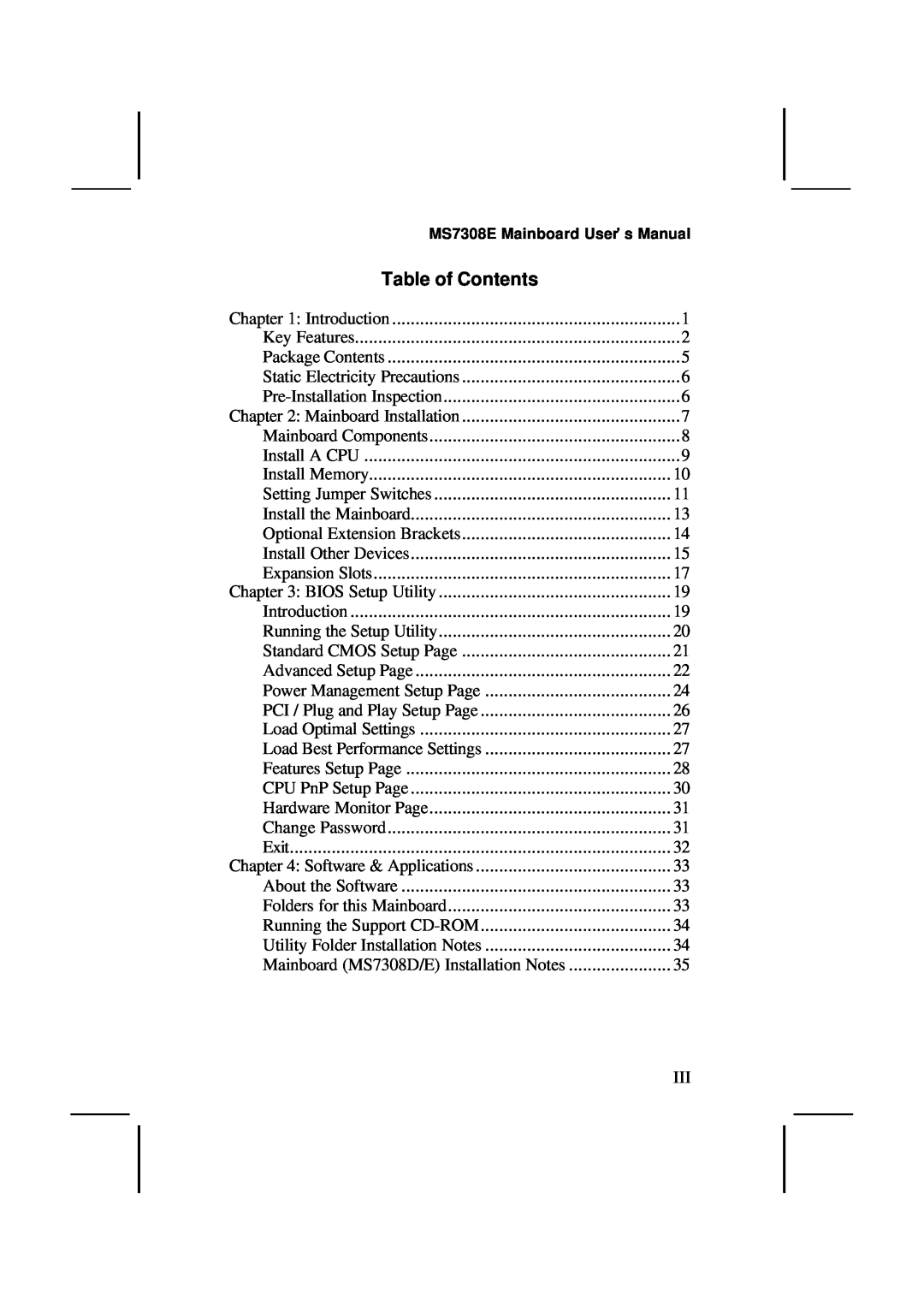 IBM MS7308D/E, V1.6 S63X/JUNE 2000 user manual Table of Contents 