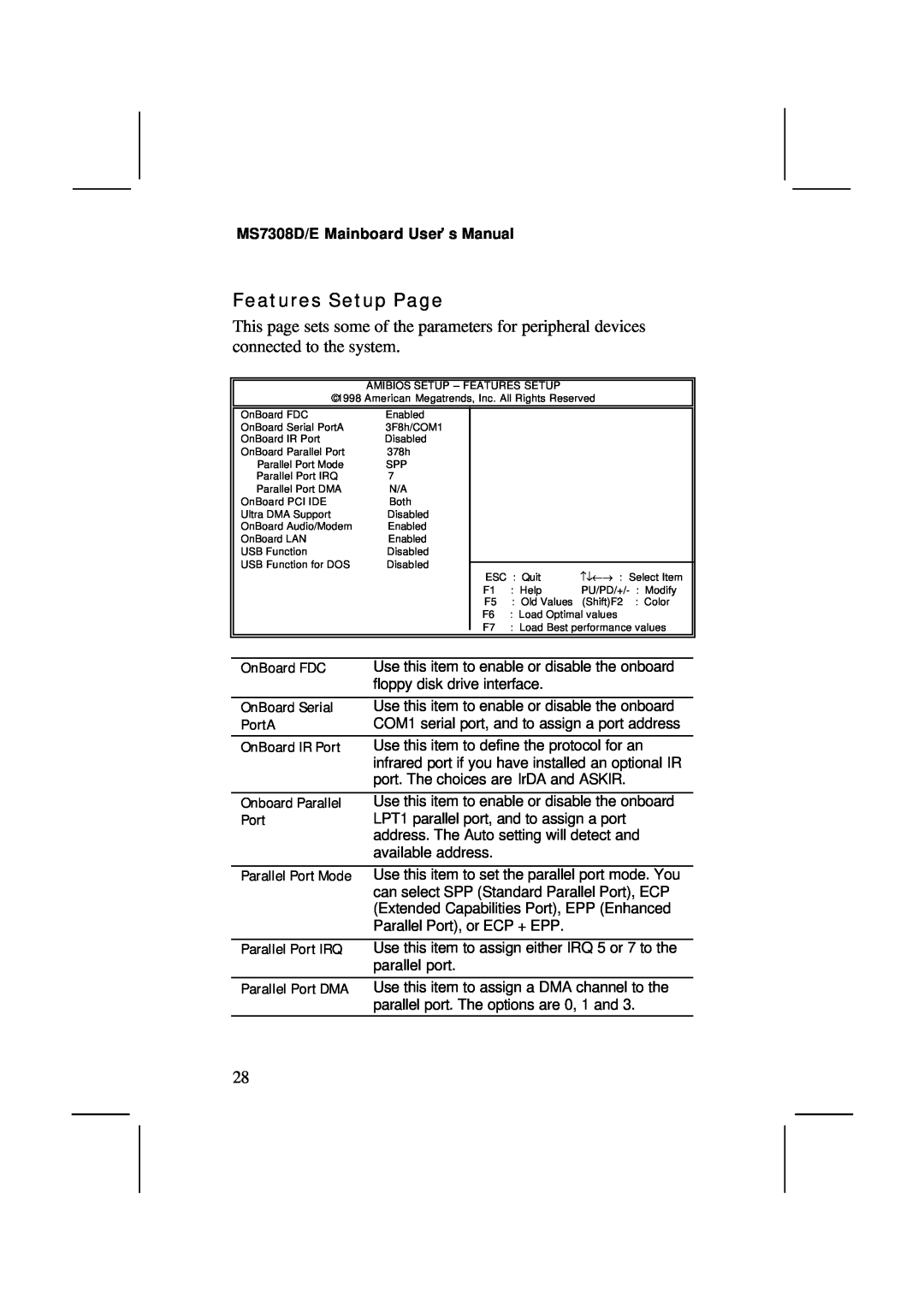 IBM V1.6 S63X/JUNE 2000, MS7308D/E user manual Features Setup Page 