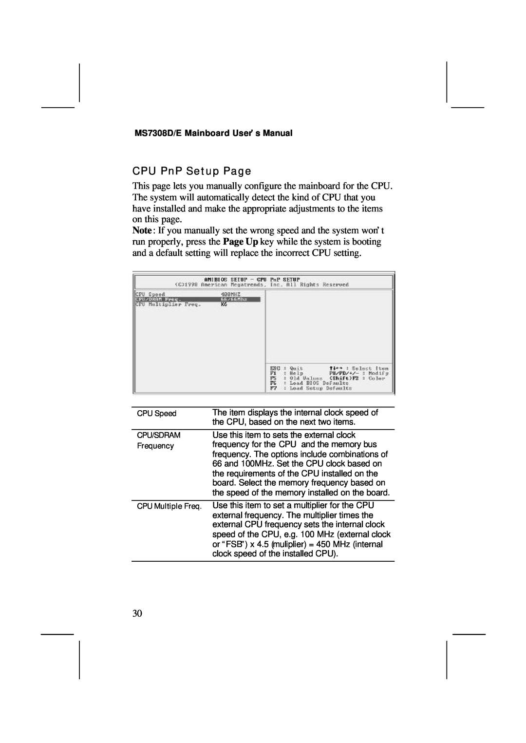 IBM V1.6 S63X/JUNE 2000, MS7308D/E user manual CPU PnP Setup Page, the CPU, based on the next two items, CPU/SDRAM Frequency 