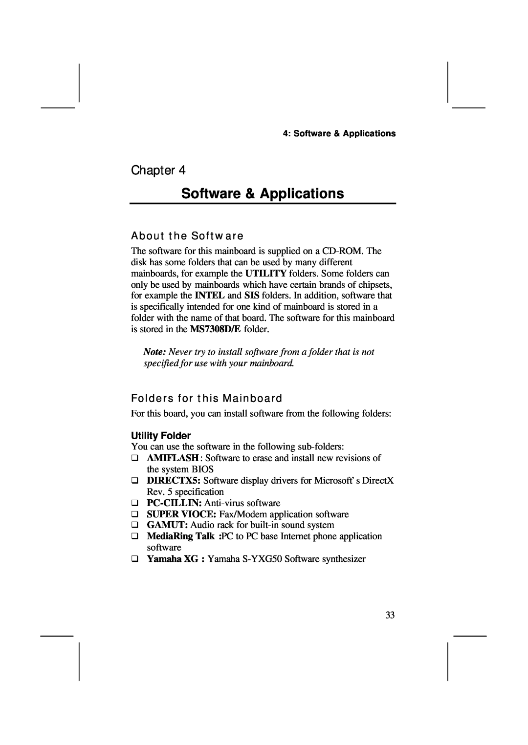 IBM MS7308D/E user manual Chapter Software & Applications, About the Software, Folders for this Mainboard, Utility Folder 