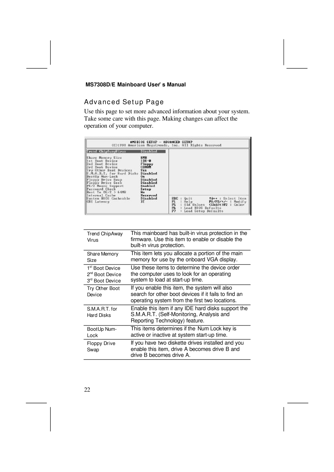 IBM V1.6 S63X/JUNE 2000, MS7308D/E user manual Advanced Setup 