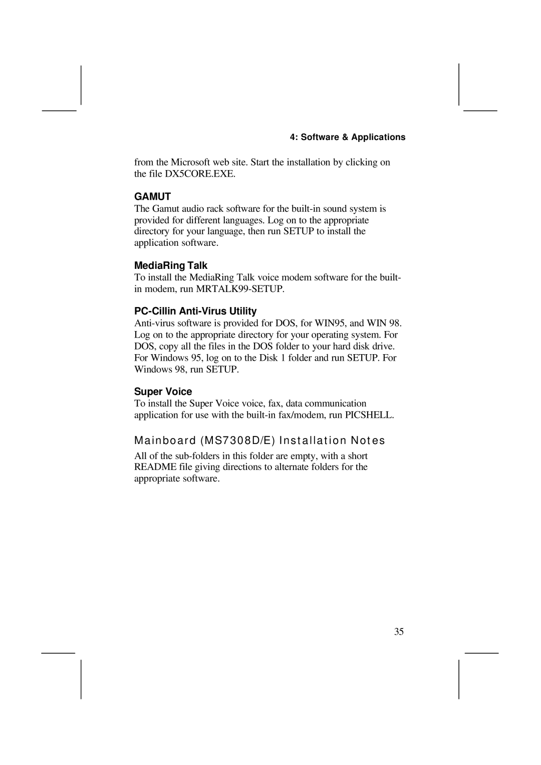 IBM user manual Mainboard MS7308D/E Installation Notes, MediaRing Talk, PC-Cillin Anti-Virus Utility, Super Voice 