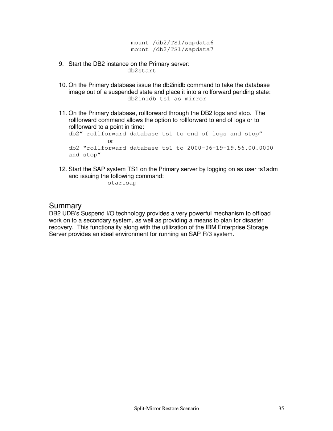 IBM V7.2 manual Mount /db2/TS1/sapdata6 mount /db2/TS1/sapdata7, Db2inidb ts1 as mirror 