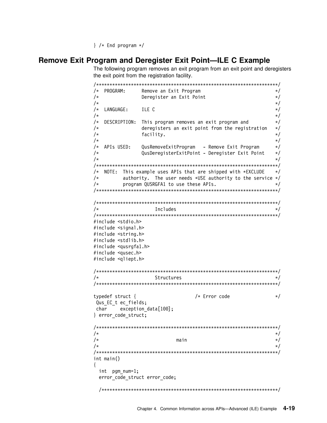 IBM Version 4 manual Remove Exit Program and Deregister Exit Point-ILE C Example, Language ILE C Description 