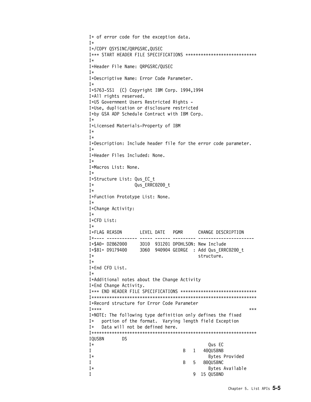 IBM Version 4 manual Copy Qsysinc/Qrpgsrc,Qusec, FLAG Reason Level Date Pgmr Change Description, Iqusbn 