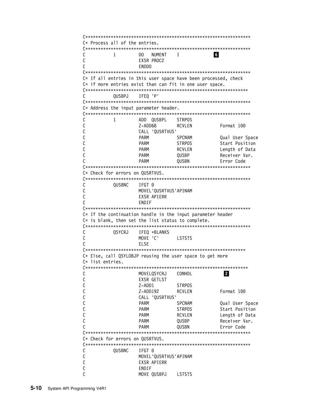 IBM Version 4 manual Nument Exsr PROC2, Qusbpj Ifeq, ADD Qusbpl Strpos, Movelqusrtvusapinam Exsr Apierr Endif 