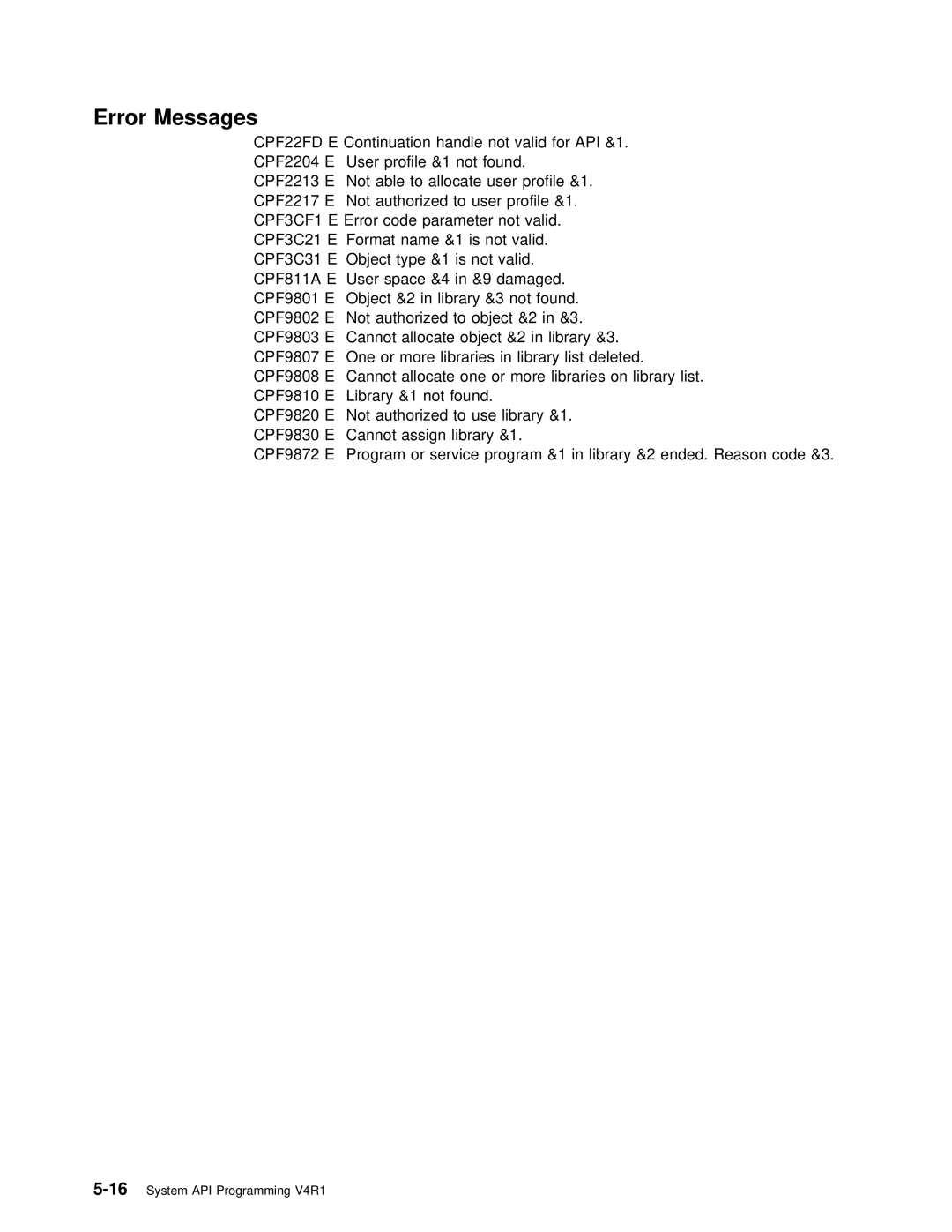 IBM Version 4 manual Continuation handle not valid for, Object Type Not Valid, User space &4 in &9 damaged 