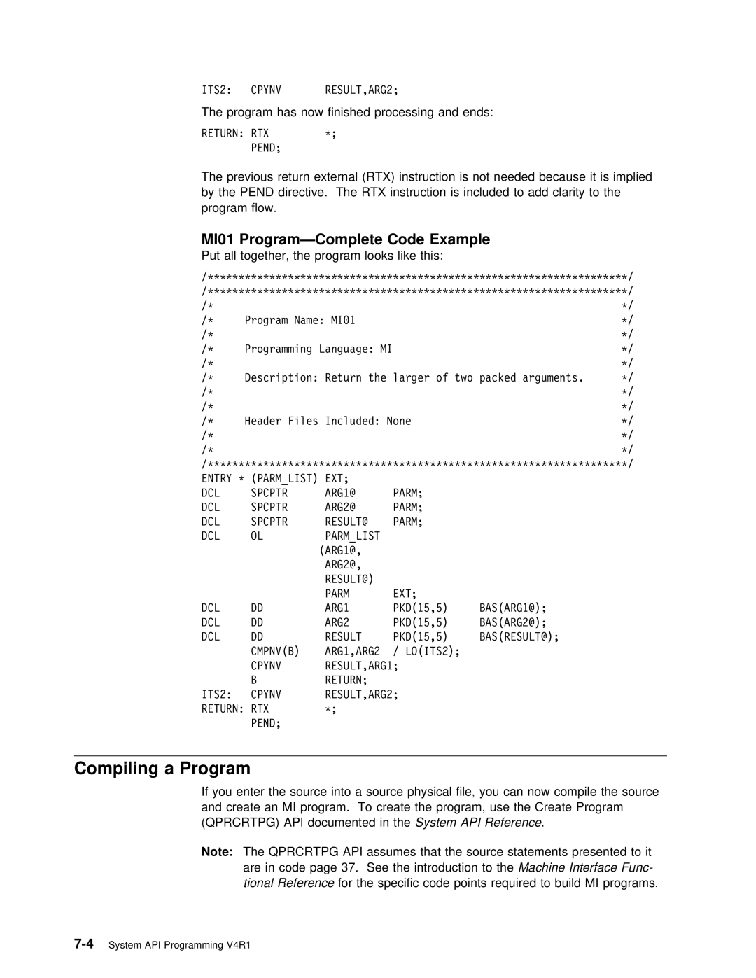 IBM Version 4 manual Compiling a Program, MI01 Program-Complete Code Example 