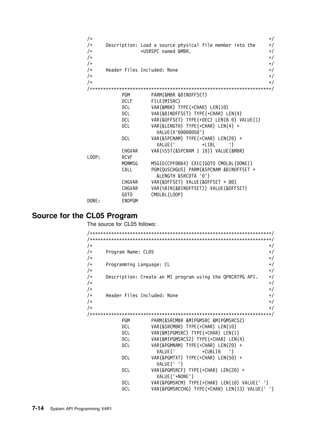 IBM Version 4 manual Source for CL05 follows 