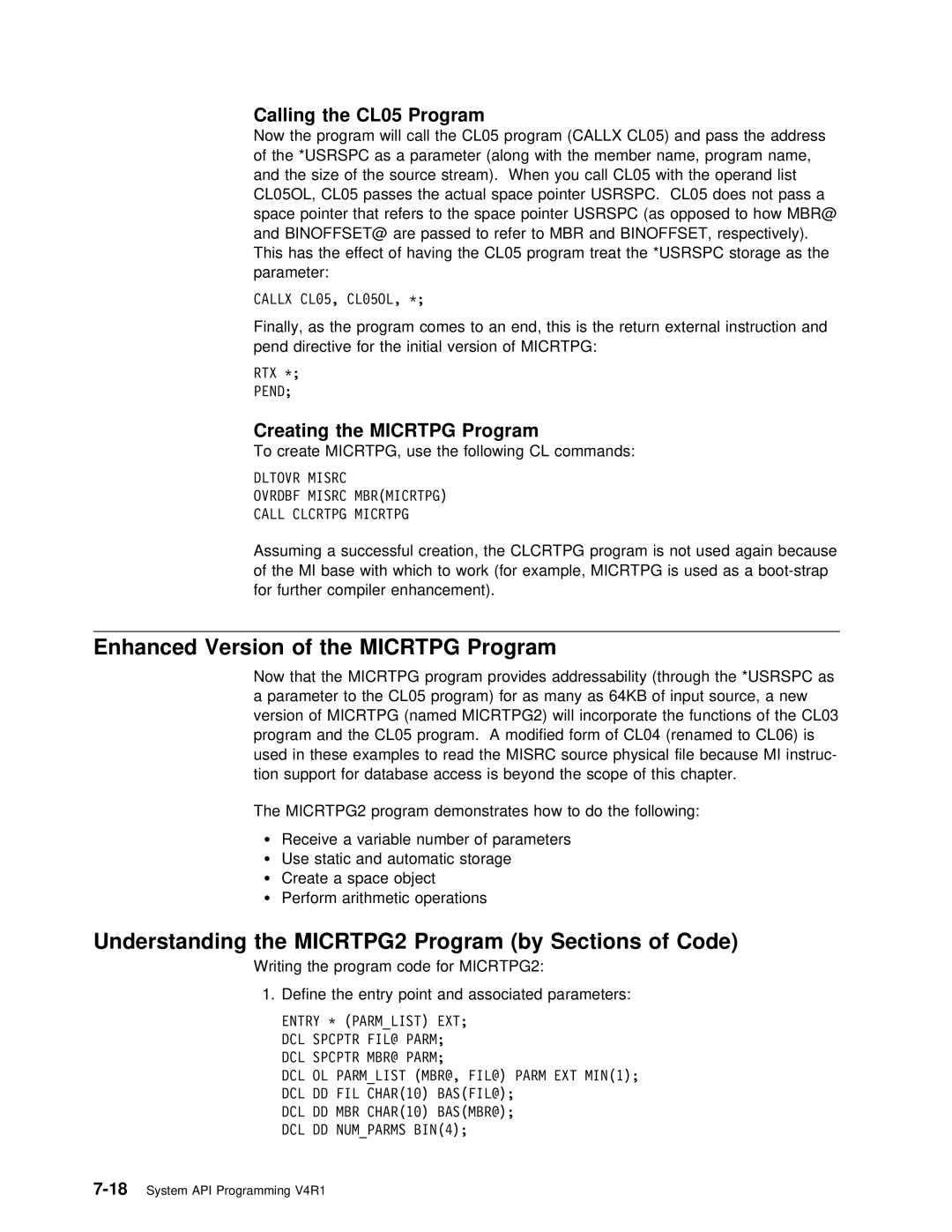 IBM Version 4 manual Understanding the MICRTPG2 Program by Sections of Code, Creating the Micrtpg Program, Calling, Mbr 