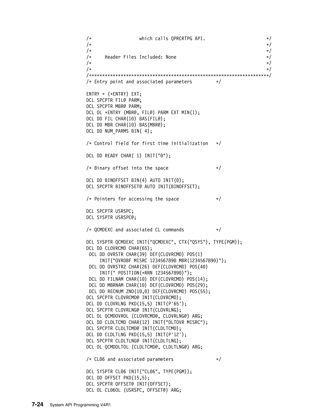 IBM Version 4 manual DCL DD Numparms BIN, DCL Spcptr Usrspc DCL Sysptr USRSPC@ 