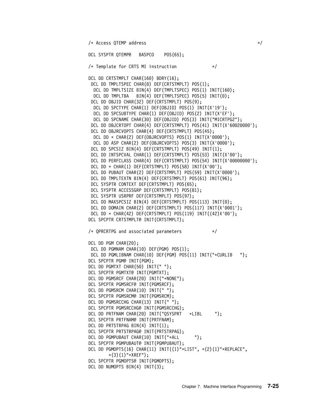 IBM Version 4 manual DCL Sysptr QTEMP@ Baspco, Crts MI, DCL Spcptr PGMOPTS@ Initpgmopts DCL DD Numopts BIN4 INIT3 