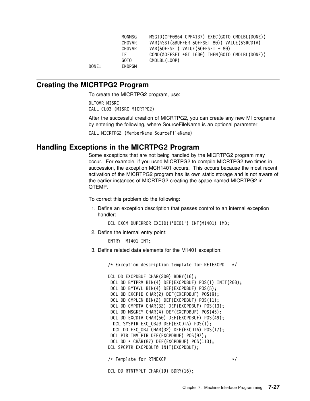 IBM Version 4 manual Creating the MICRTPG2, Handling Exceptions, Qtemp 