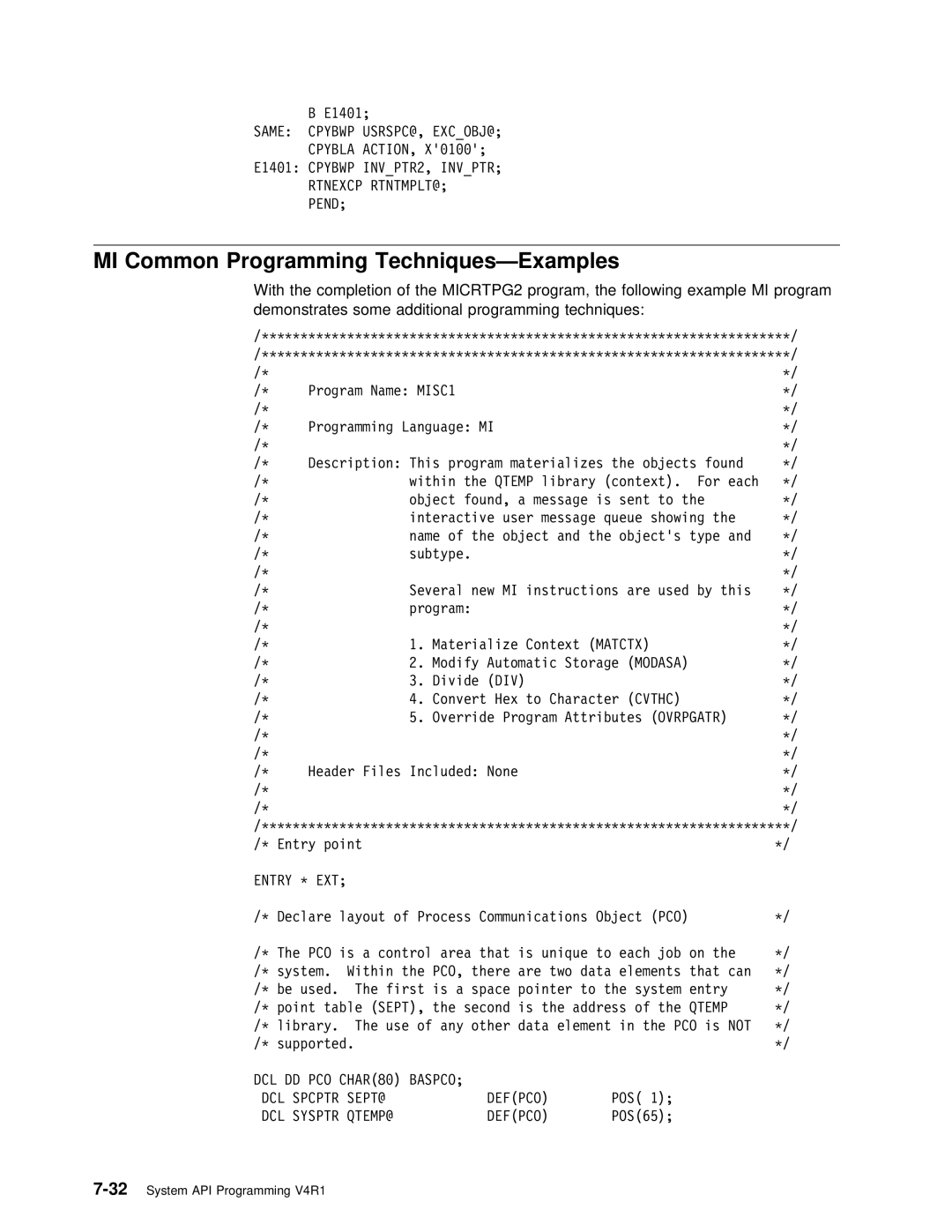 IBM Version 4 MI Common Programming Techniques-Examples, Entry \ EXT, DCL Spcptr SEPT@ Defpco, DCL Sysptr QTEMP@ Defpco 