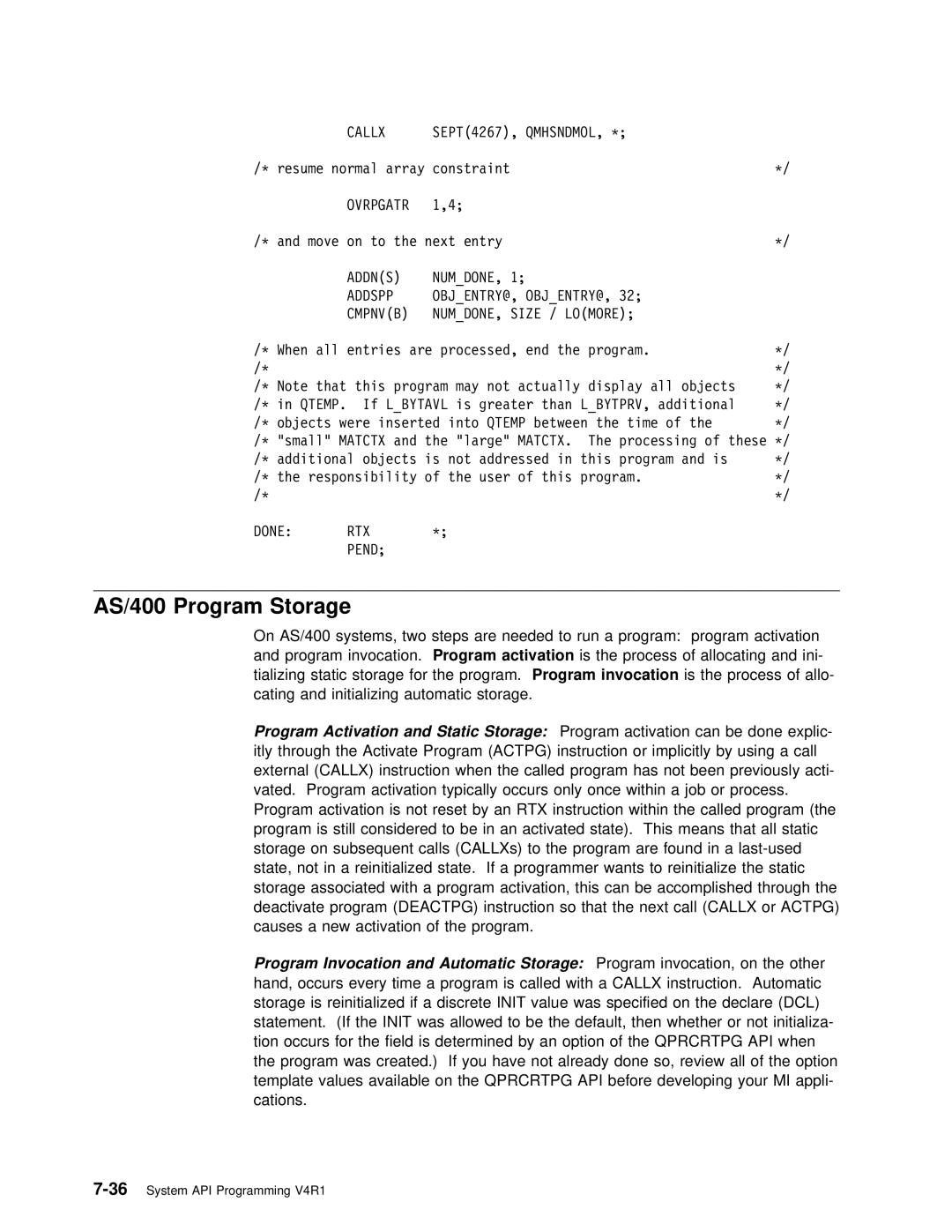 IBM Version 4 manual AS/400 Program Storage, Process Allo Cating Initializing automatic Storage 