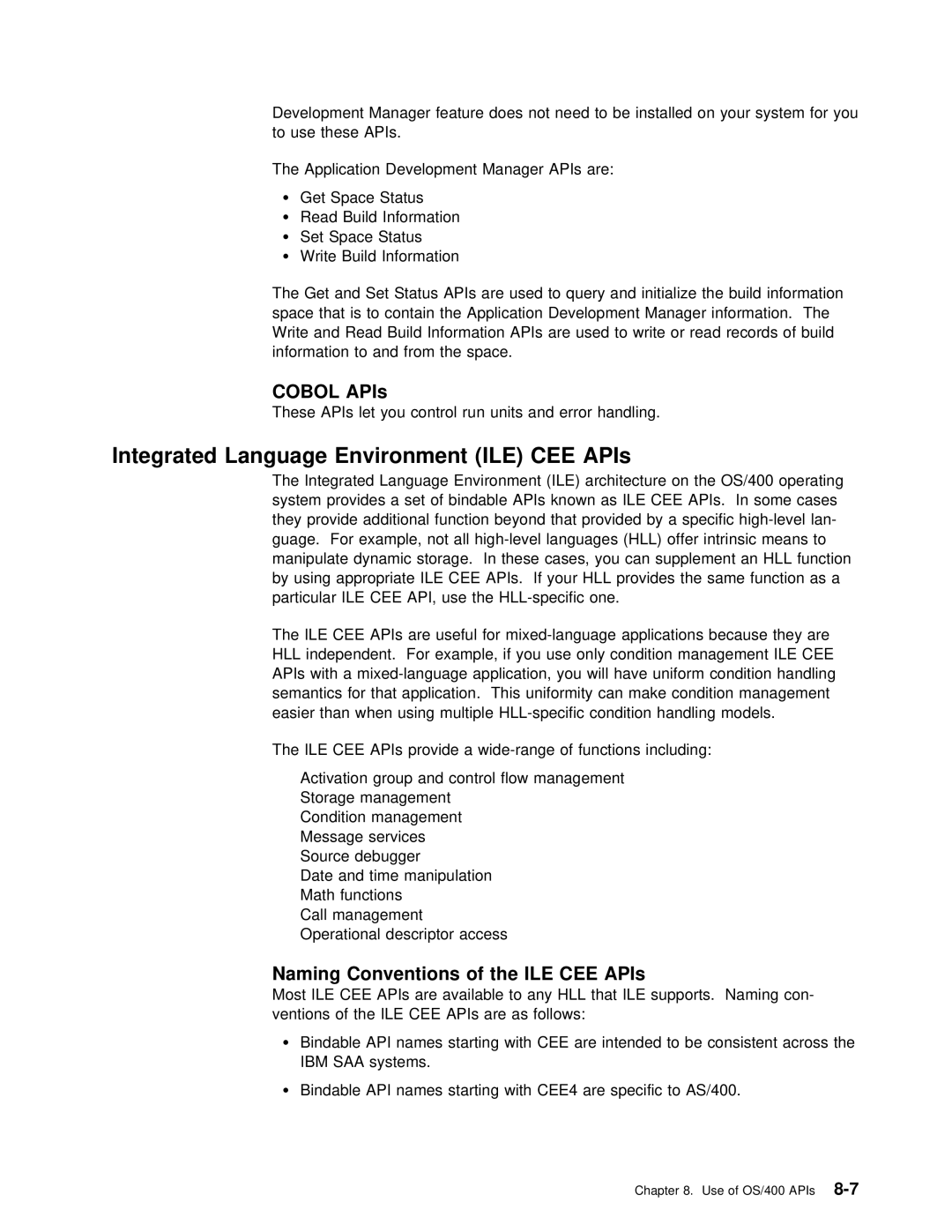 IBM Version 4 manual Cobol APIs, ILE CEE APIs 