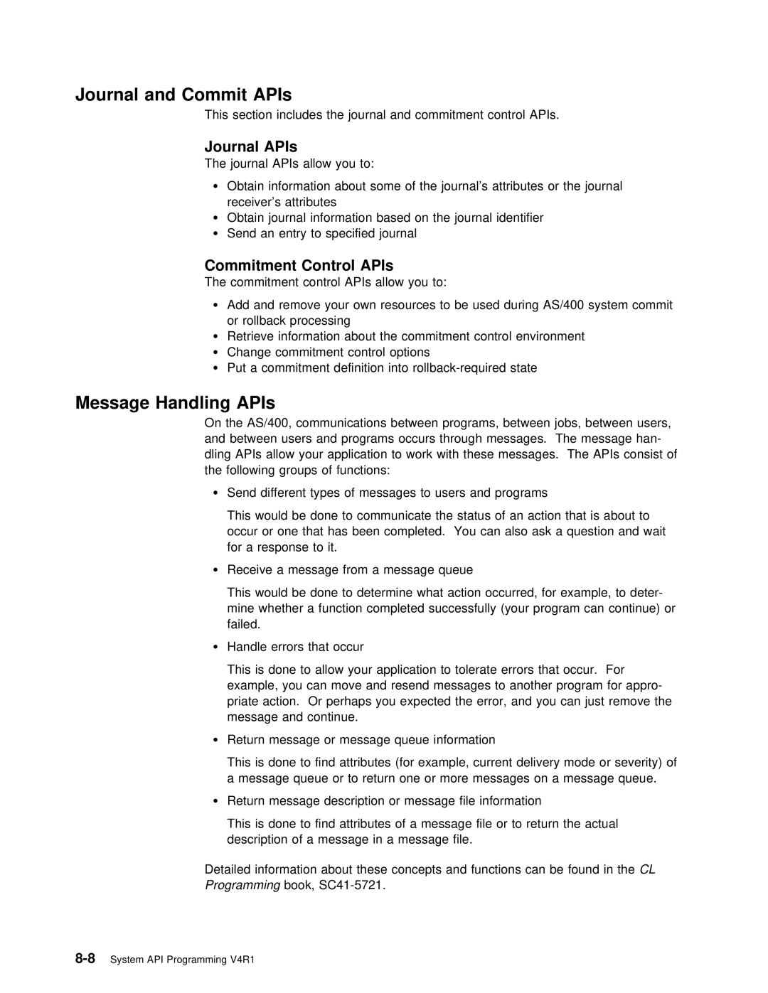 IBM Version 4 manual Journal and Commit APIs, Message Handling APIs, Journal APIs, Commitment Control APIs 