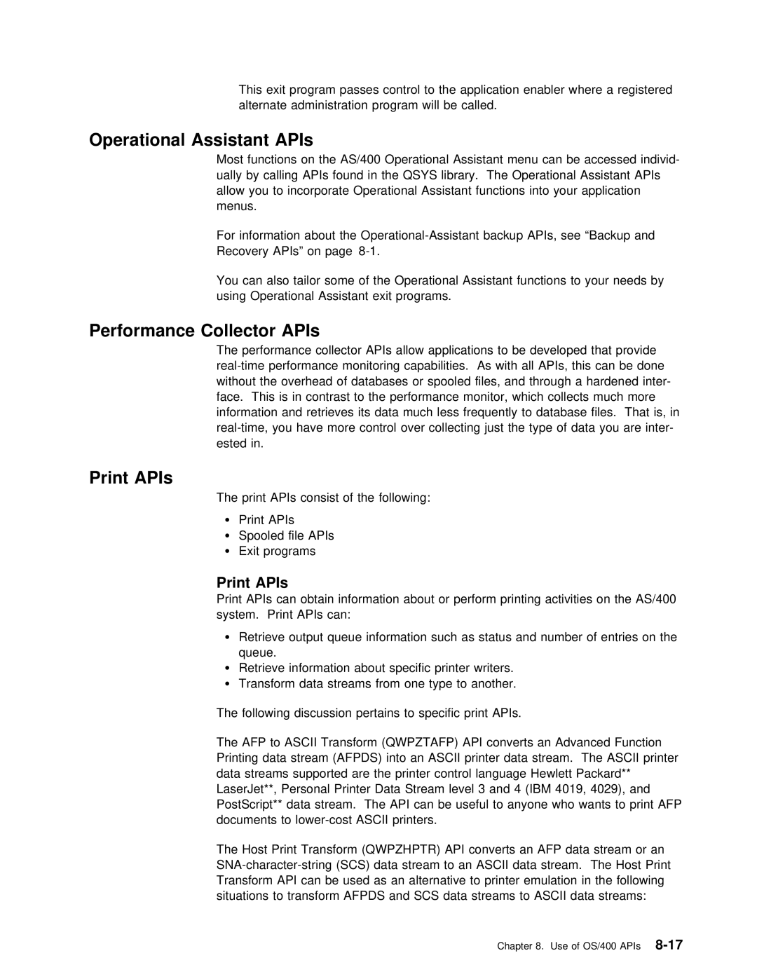 IBM Version 4 manual Performance Collector APIs, Print APIs, Most Functions 