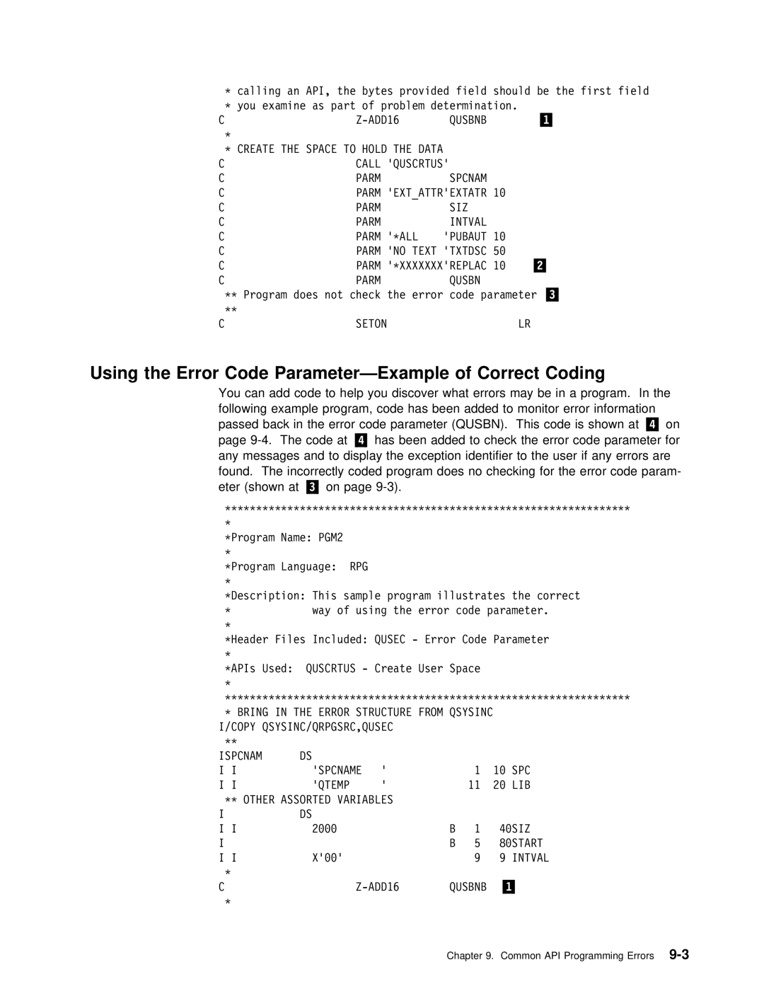 IBM Version 4 manual Using the Error Code Parameter-Example of Correct Coding, Call Quscrtus Parm Spcnam, Csetonlr 