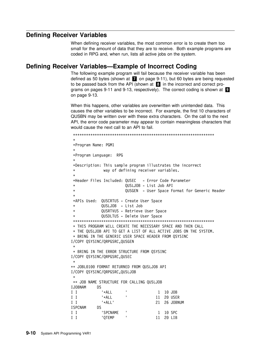 IBM Version 4 manual When Defining Receiver Variables, When Run Lists All Active Jobs System, Rpg 