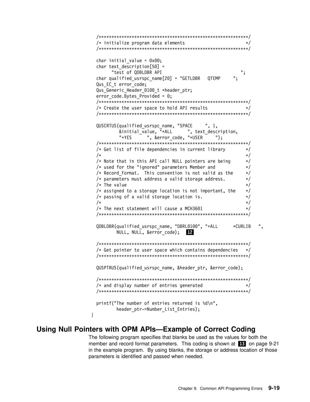 IBM Version 4 manual Using Null Pointers with OPM APIs-Example of Correct Coding, Qtemp 