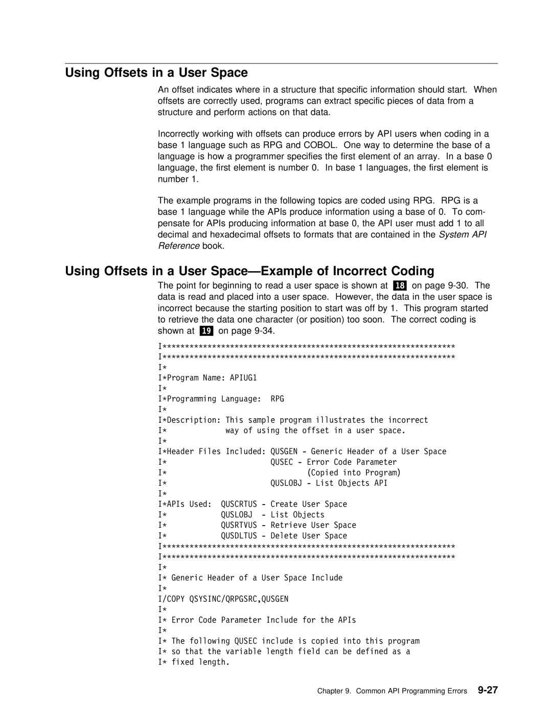 IBM Version 4 manual Using Offsets in a User Space, Incorrect, Point For Beginning Read User, Quslobj 