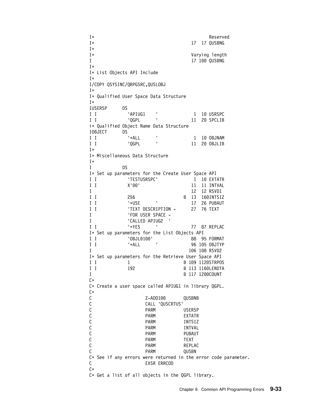 IBM Version 4 manual Iusersp APIUG1 Usrspc Qgpl Spclib, Iobject \ALL Objnam Qgpl Objlib, Call Quscrtus Parm 