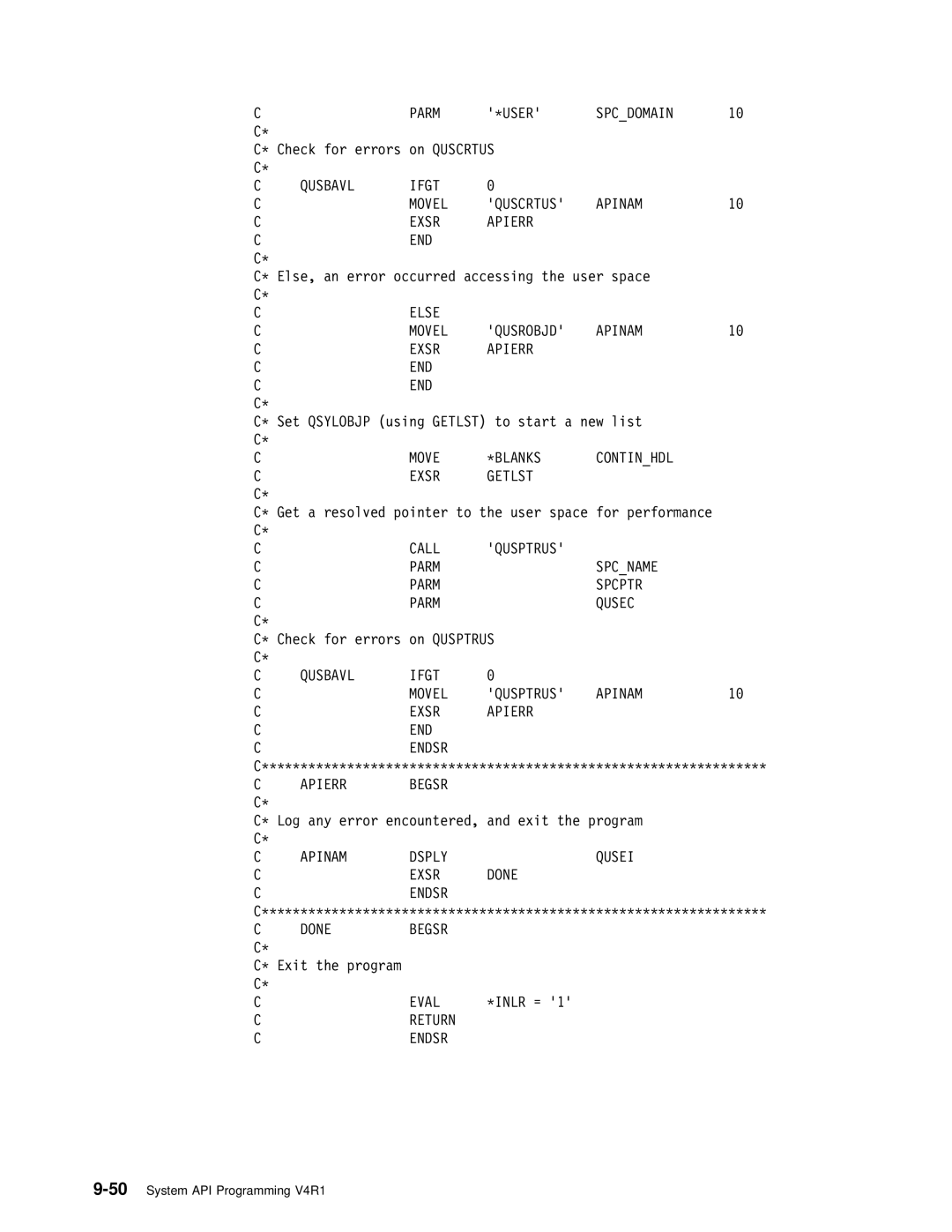 IBM Version 4 manual Parm \USER Spcdomain, Qusbavl Ifgt Movel Quscrtus Apinam Exsr Apierr END 