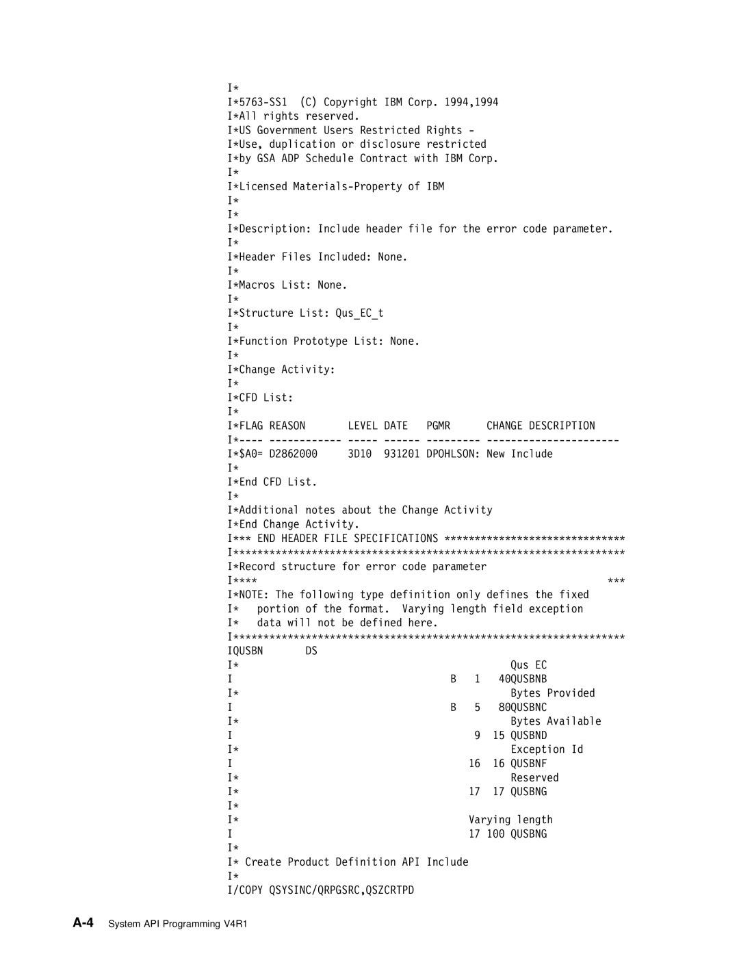 IBM Version 4 manual FLAG Reason Level Date Pgmr Change Description, Copy QSYSINC/QRPGSRC,QSZCRTPD 