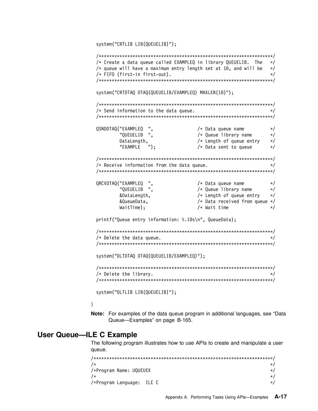 IBM Version 4 manual User Queue-ILE C Example, Queuelib 