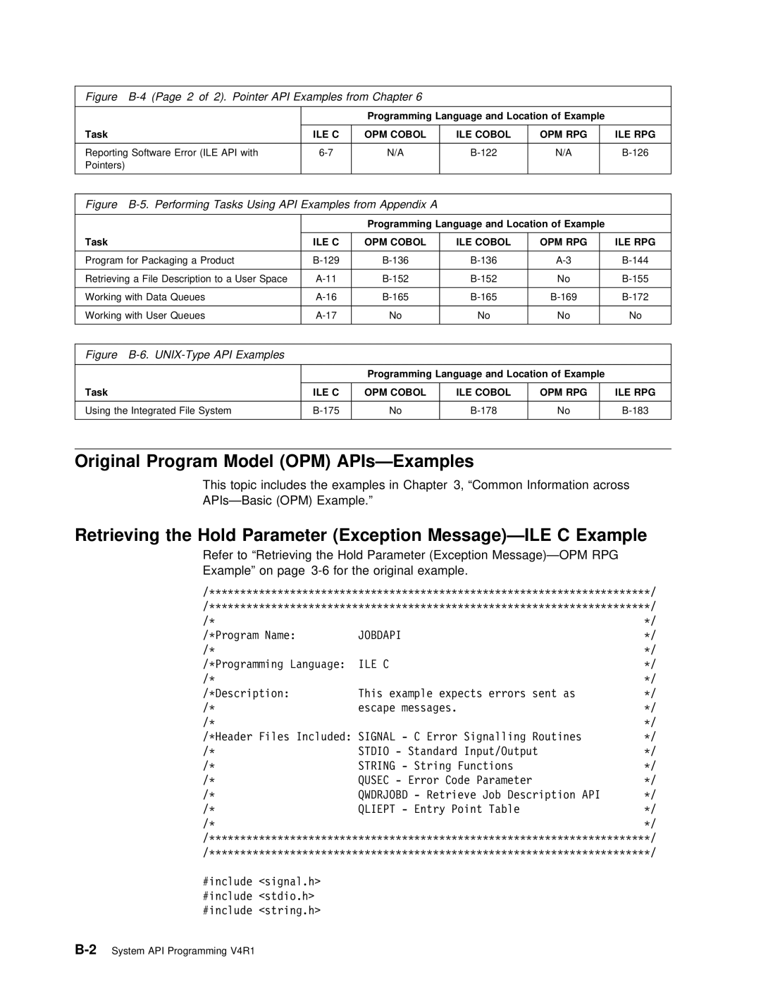 IBM Version 4 manual Original Program Model OPM APIs-Examples, Hold Parameter Exception Message-ILE C, Jobdapi 