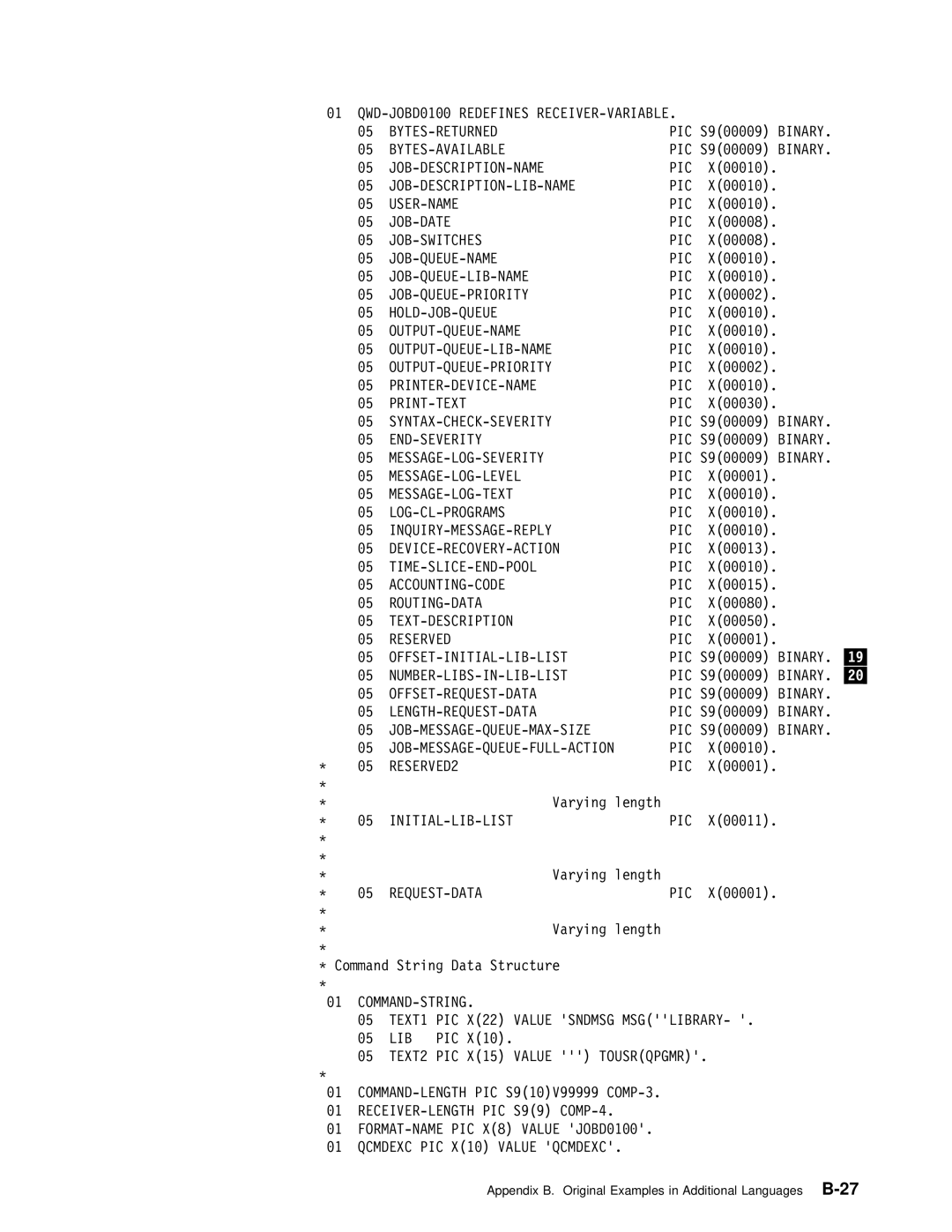 IBM Version 4 manual Bytes-Returned, Bytes-Available, Job-Description-Name Pic, Job-Description-Lib-Name Pic, User-Name Pic 