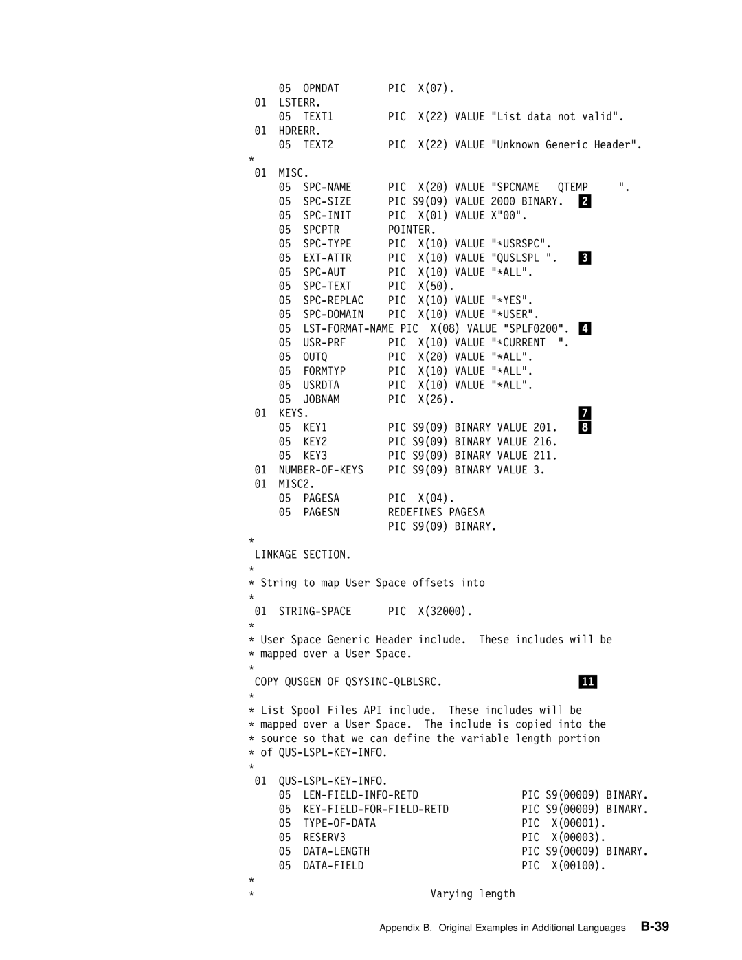 IBM Version 4 Opndat PIC, Lsterr TEXT1 PIC, Hdrerr TEXT2 PIC, Misc SPC-NAME PIC, Spcname Qtemp SPC-SIZE, Spc-Init Pic 