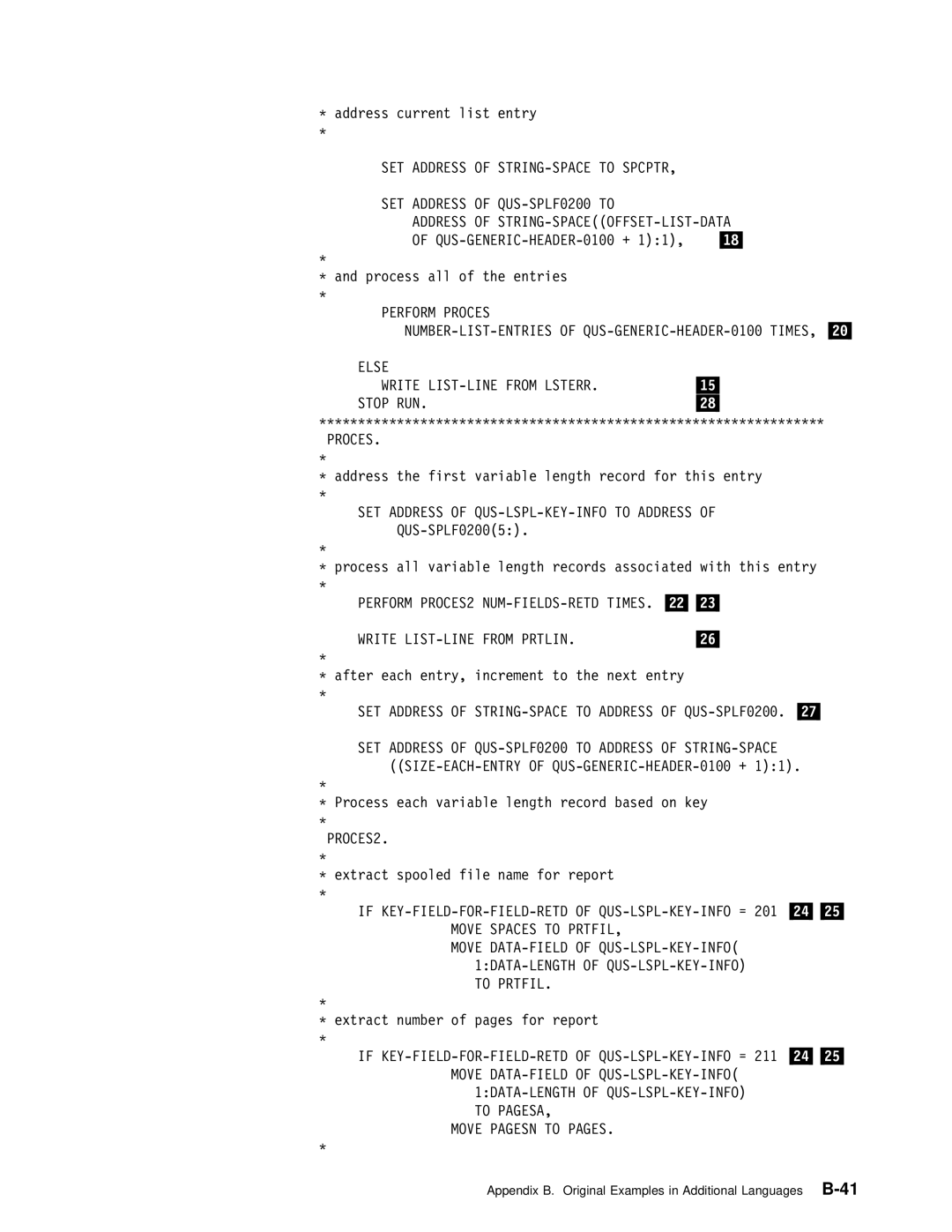 IBM Version 4 Set, STRING-SPACE Spcptr SET, String-Spaceoffset-List-Data, Perform Proces, PROCES2, Move Spaces to Prtfil 