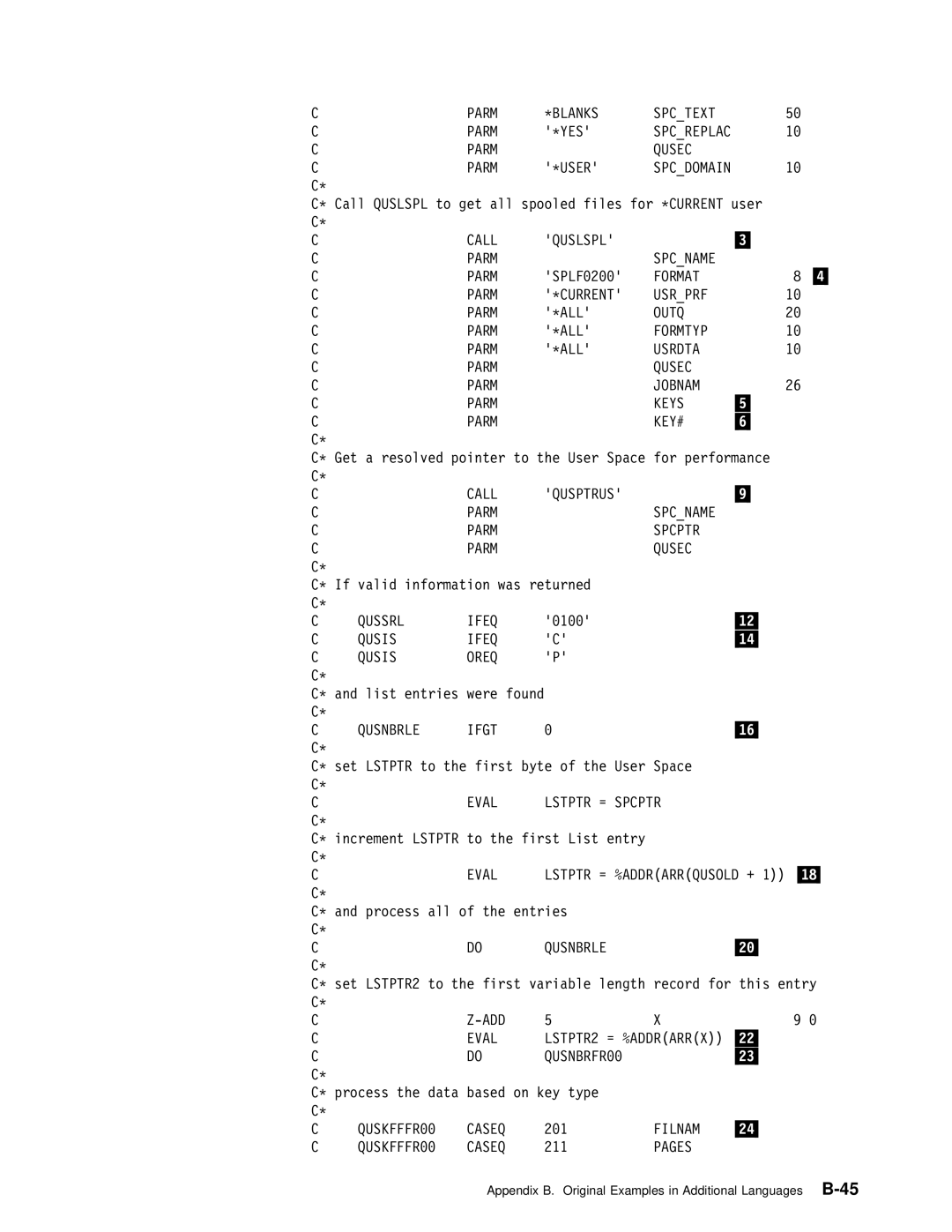 IBM Version 4 Parm \BLANKS Spctext, Parm Qusec \USER, Call Quslspl Parm Spcname, Format Parm \CURRENT Usrprf, Outq Parm 