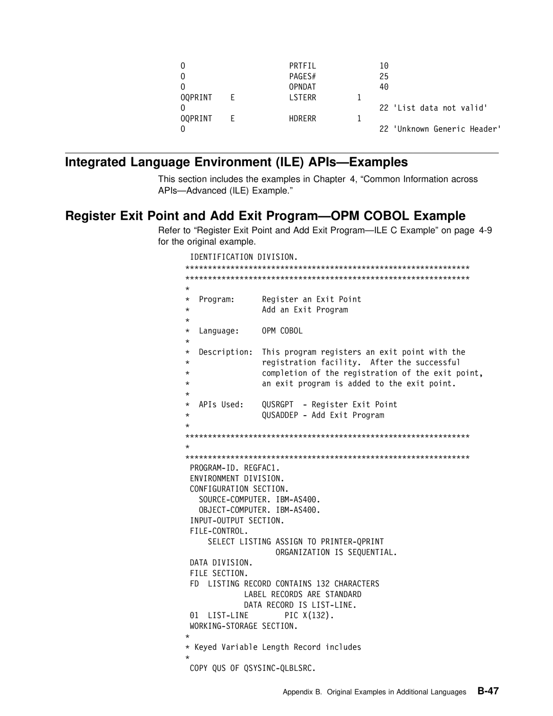 IBM Version 4 manual APIs-Examples, Exit, Cobol Example, Integrated, Environment 