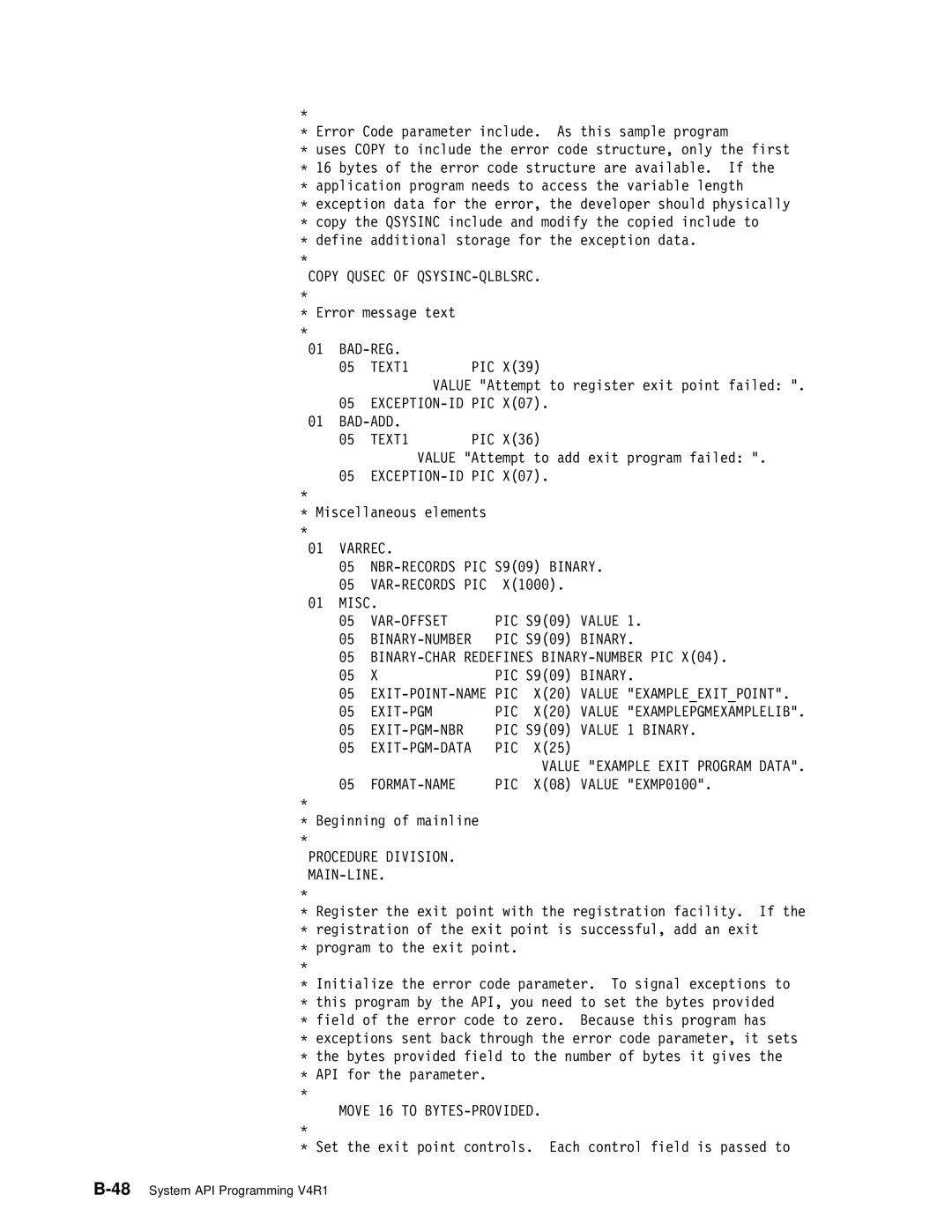 IBM Version 4 manual BAD-REG TEXT1 PIC, Exception-Id Pic, BAD-ADD TEXT1 PIC, Var-Offset, Value, Binary-Number, Exit-Pgm Pic 