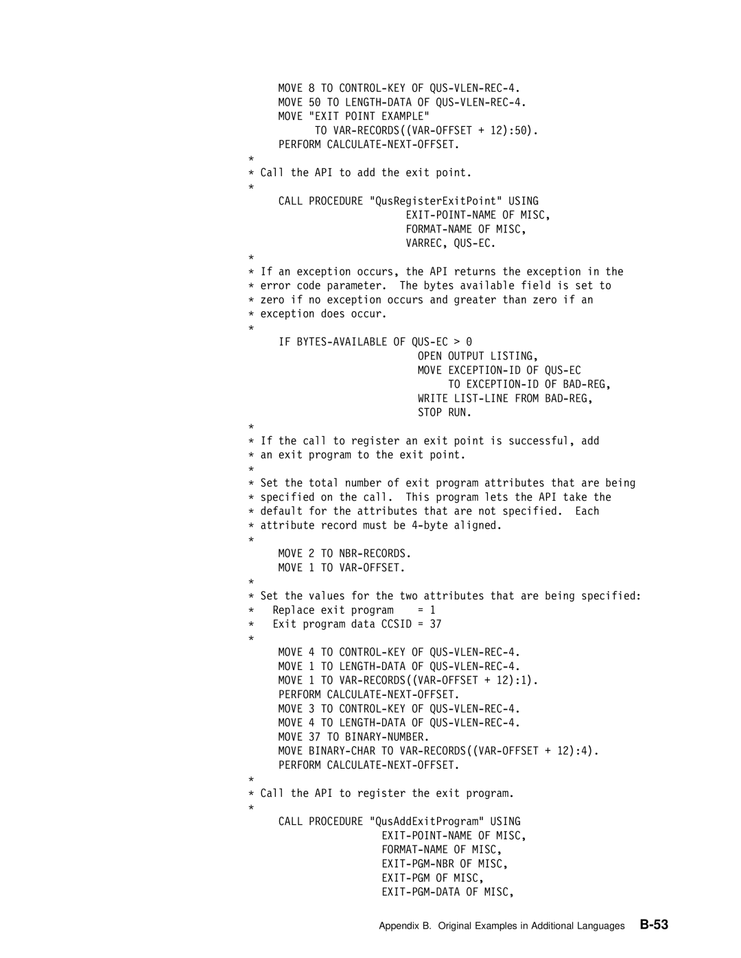 IBM Version 4 manual EXIT-POINT-NAME of MISC, FORMAT-NAME of MISC, VARREC, QUS-EC 