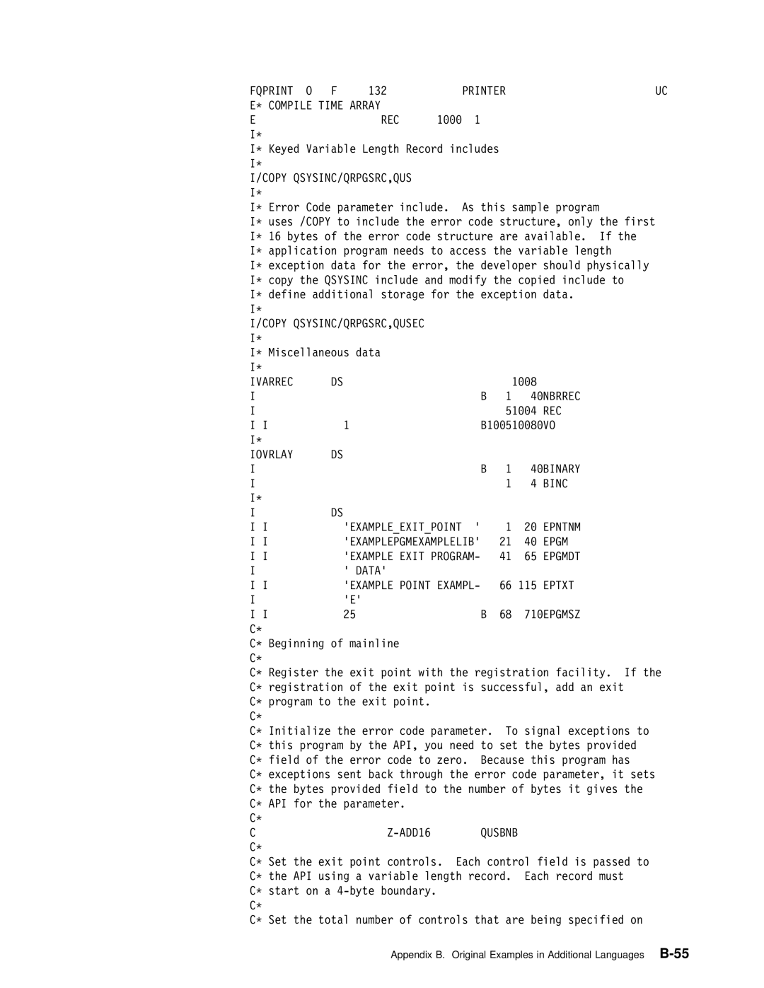 IBM Version 4 Printer \ Compile Time Array REC, Copy QSYSINC/QRPGSRC,QUS I, Ivarrec, Iovrlay, Binc, Exampleexitpoint, Epgm 