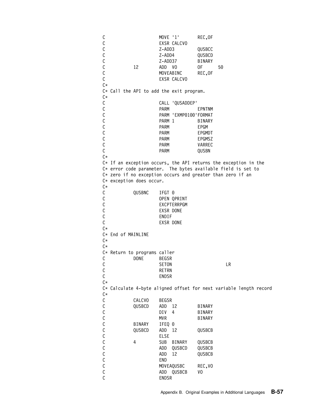 IBM Version 4 manual ADD37 Binary Moveabinc REC,OF Exsr, Call Qusaddep, Qusbnc Ifgt Open, Calcvo, Else SUB, Rec,Vo Add 