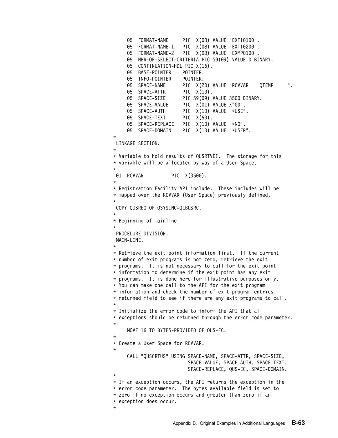 IBM Version 4 manual FORMAT-NAME-1 PIC, FORMAT-NAME-2 PIC, BASE-POINTER Pointer INFO-POINTER SPACE-NAME PIC, Space-Size 