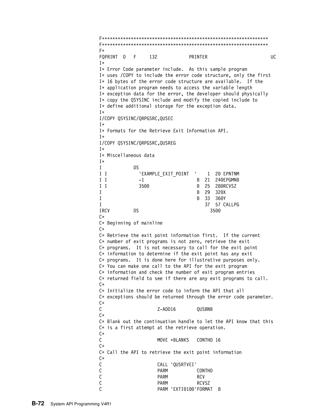 IBM Version 4 manual Copy QSYSINC/QRPGSRC,QUSREG, Ircv, Move \BLANKS, Call Qusrtvei Parm Conthd RCV Rcvsz 